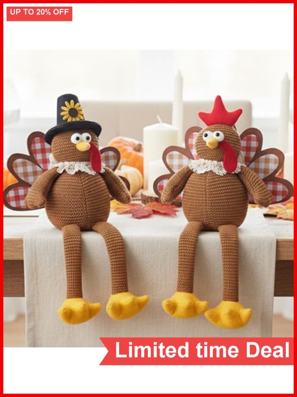 Set of 2 Turkey Plush Dangling Legs Tabletop Centerpieces Fall Harvest